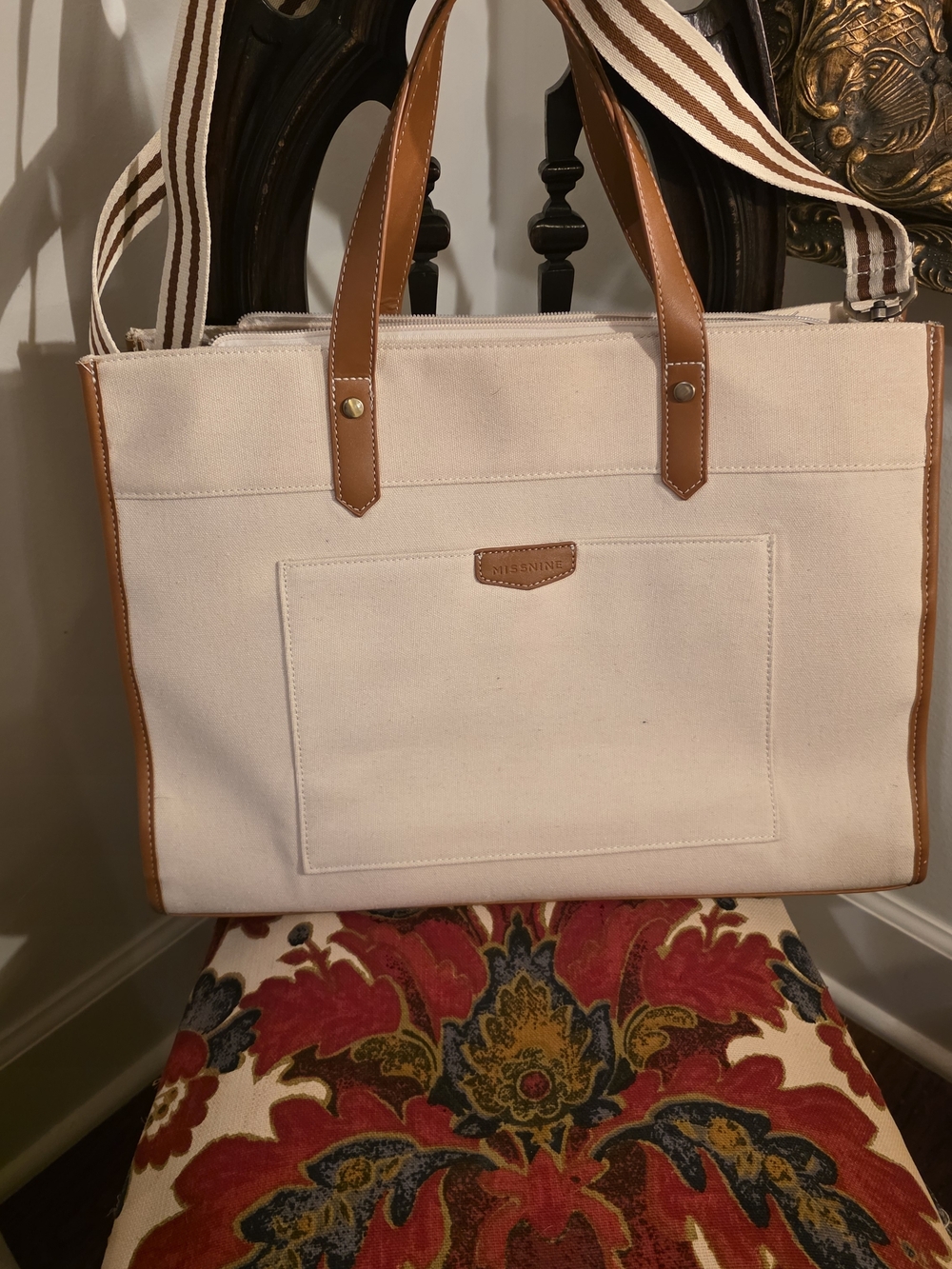 Missnine Canvas Tote  Laptop bag  with Brown Leather Trim - Cream